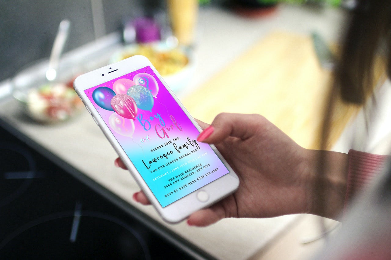 Hand holding a phone displaying Dreamy Cloud Floating Balloons Gender Reveal Evite template, customizable via Canva for easy event detail addition and electronic sharing.