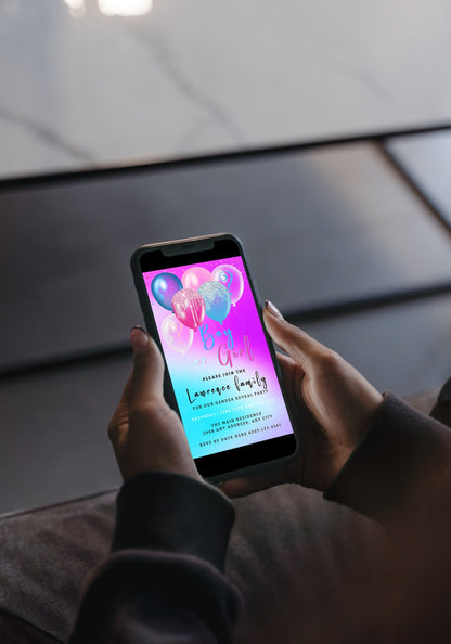 Person holding a smartphone displaying the Dreamy Cloud Floating Balloons Gender Reveal Evite, customizable via Canva for easy event personalization and electronic sharing.