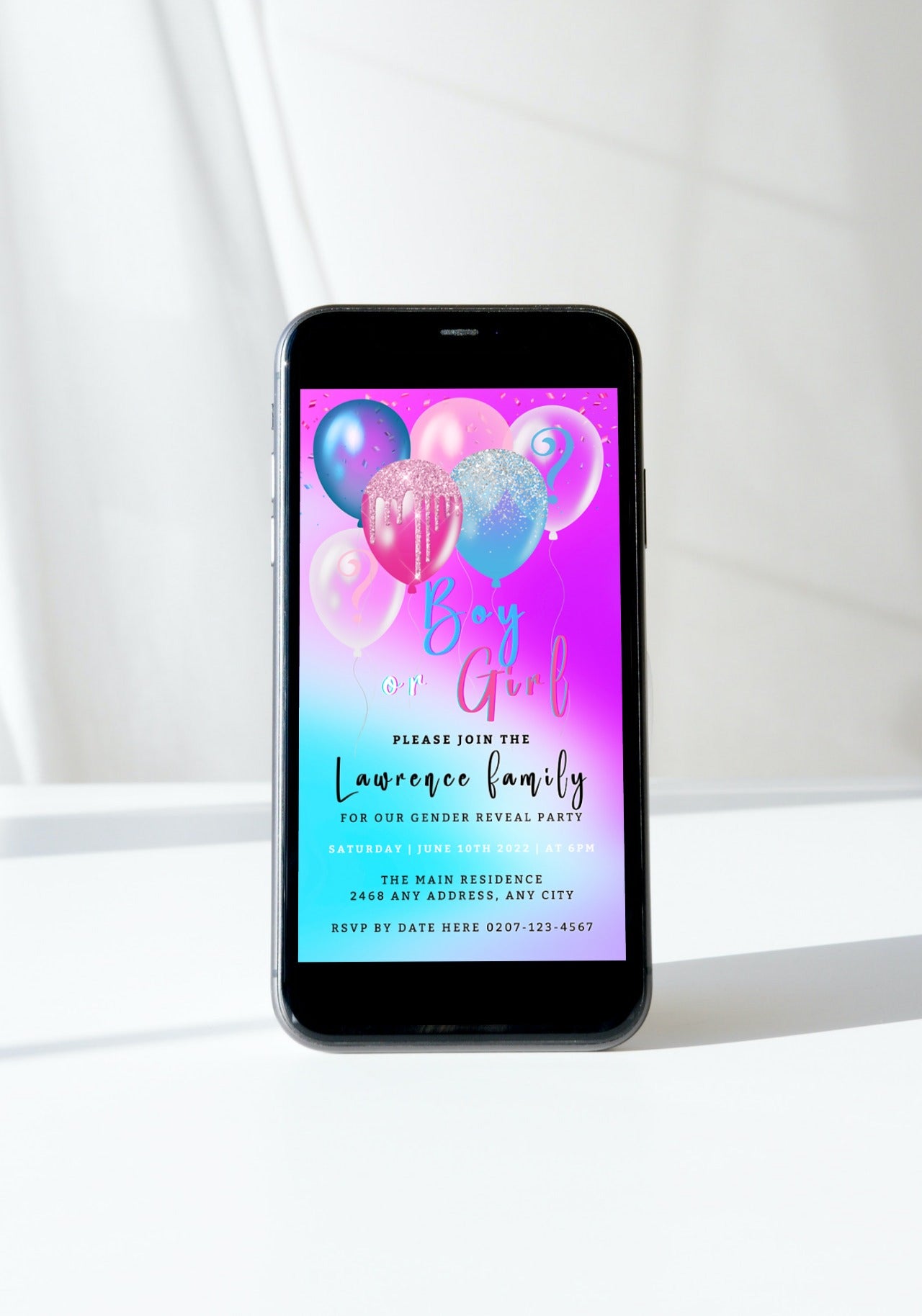 Dreamy Cloud Floating Balloons Gender Reveal Evite displayed on a smartphone screen, customizable via Canva for easy digital invitations.