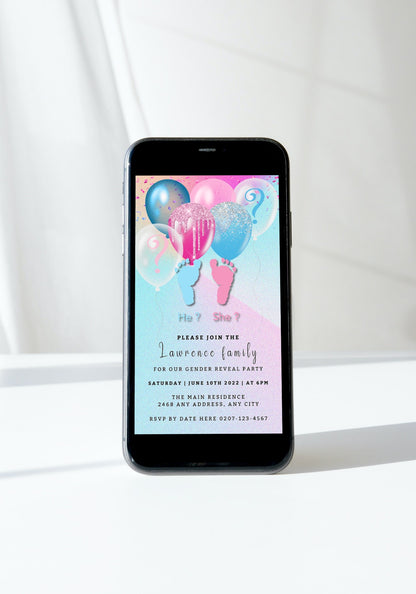 Smartphone displaying customizable digital baby shower invitation with floating balloons and baby feet, designed for easy editing and sharing via Canva.