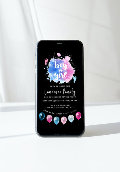 Cell phone displaying a customizable digital invitation for a gender reveal event with pink and blue balloon design.