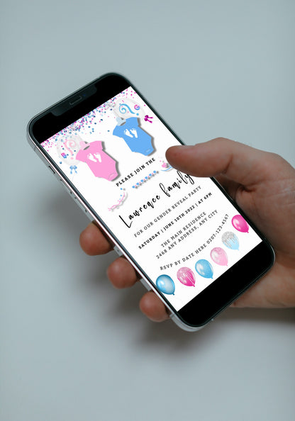Hand holding a phone displaying a customizable digital baby grow blue pink confetti gender reveal evite template for editing and sharing via smartphone.