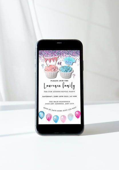 Smartphone displaying customizable digital gender reveal invitation with cupcakes and balloons.