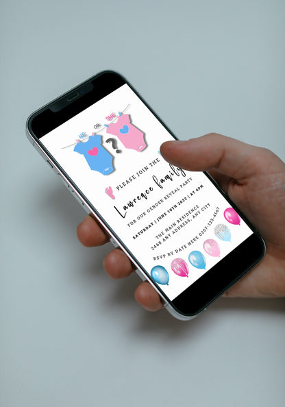 Hand holding a smartphone displaying a customizable digital invitation for a gender reveal, featuring a pink and blue baby grow with a heart design.