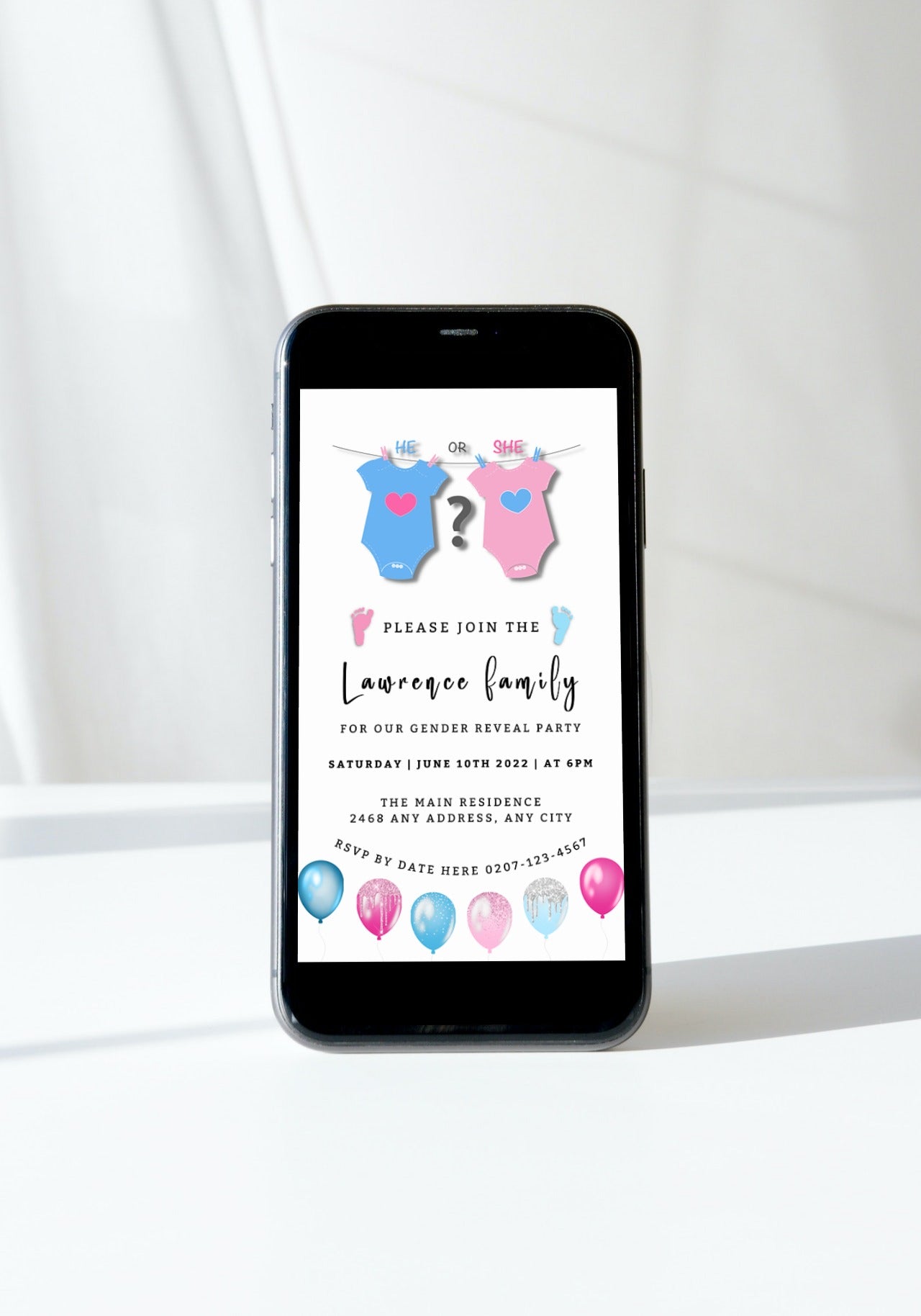 Customizable digital invitation template for a baby shower displayed on a smartphone, featuring a baby grow heart design for gender reveal.