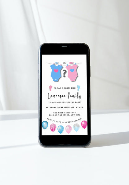 Customizable digital invitation template for a baby shower displayed on a smartphone, featuring a baby grow heart design for gender reveal.