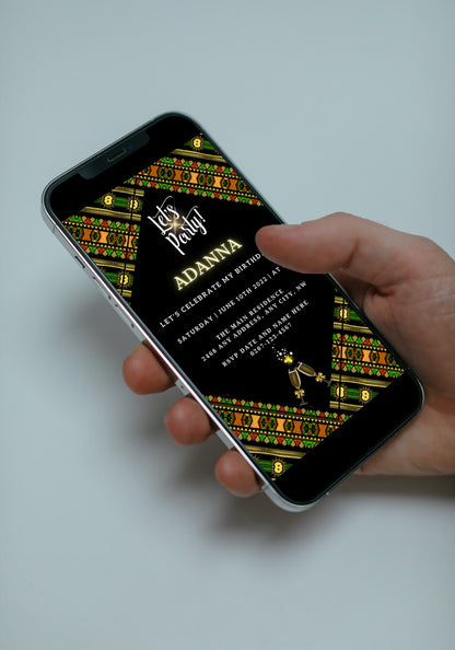 Hand holding a smartphone displaying an Editable Digital Green Black African Ankara Party Evite from URCordiallyInvited.
