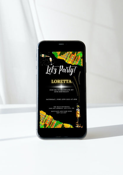 A smartphone displaying a customizable Green Yellow African Kente Birthday Party Evite template.