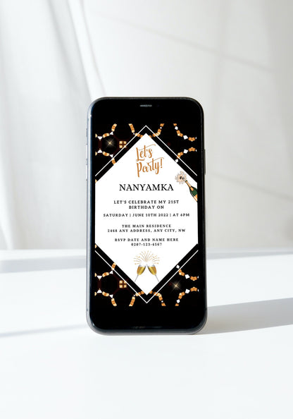 Editable Party Evite template displayed on a smartphone screen, showcasing a digital invitation for customization using Canva.