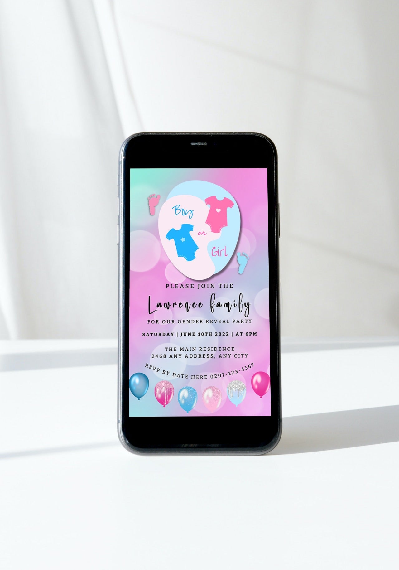 Digital invitation displayed on a smartphone screen for a Gender Reveal event, featuring customizable elements via Canva for easy personalization and electronic sharing.