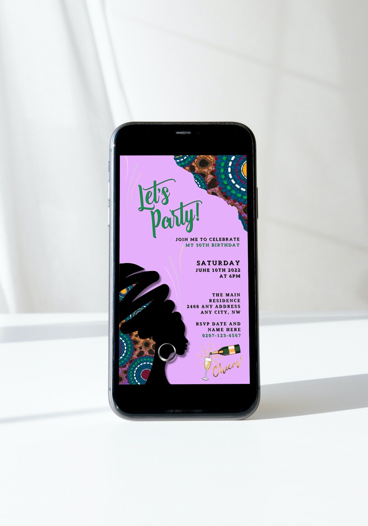 Purple Ankara African Woman Silhouette | Editable Party Evite shown on a smartphone screen, customizable via Canva for digital event invitations.