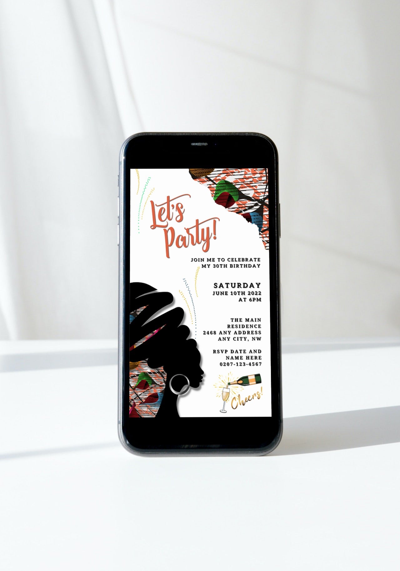 Customizable digital party invitation template featuring a silhouette of an African woman, displayed on a smartphone screen. Ideal for personalizing and sharing via digital platforms.