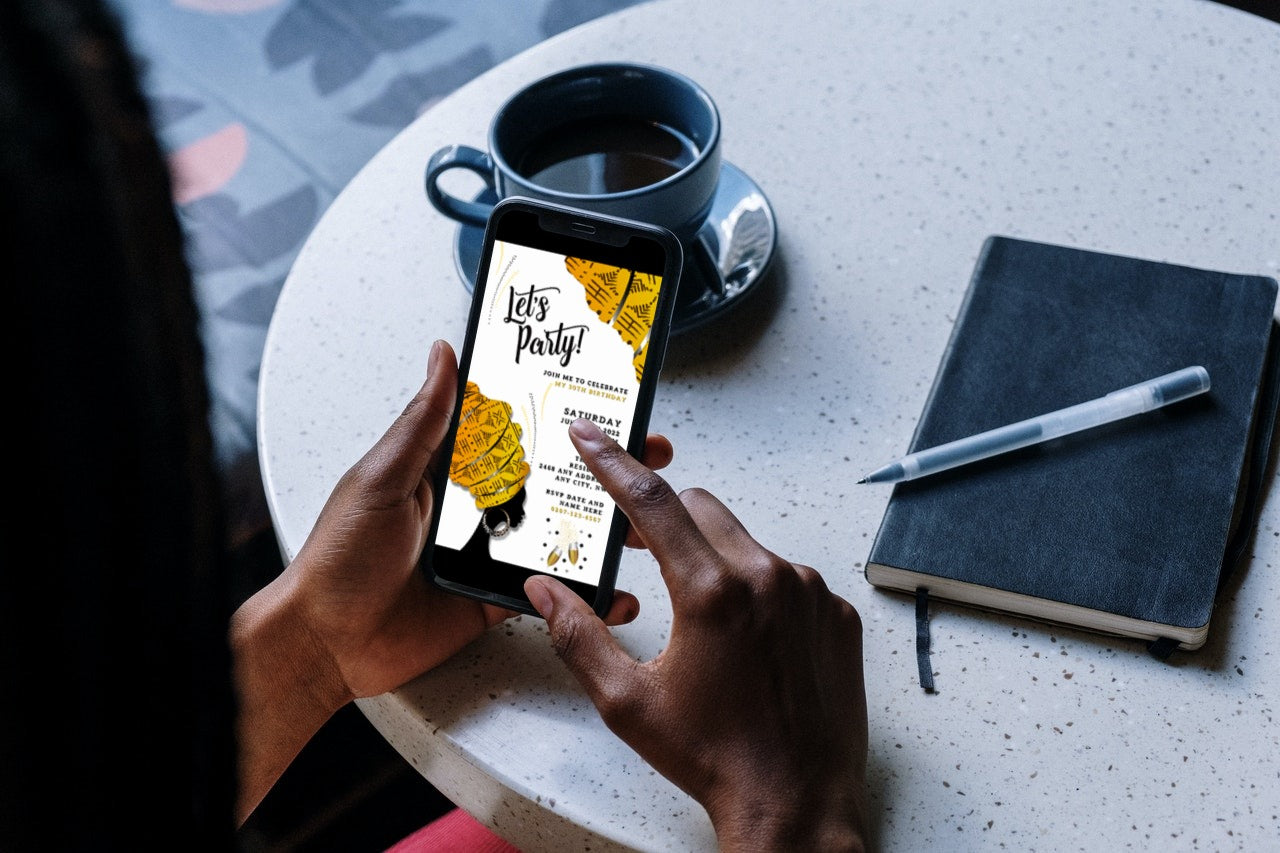 Person holding a phone displaying a customizable White Yellow Ankara African Woman Silhouette | Editable Party Evite template for digital invitations.