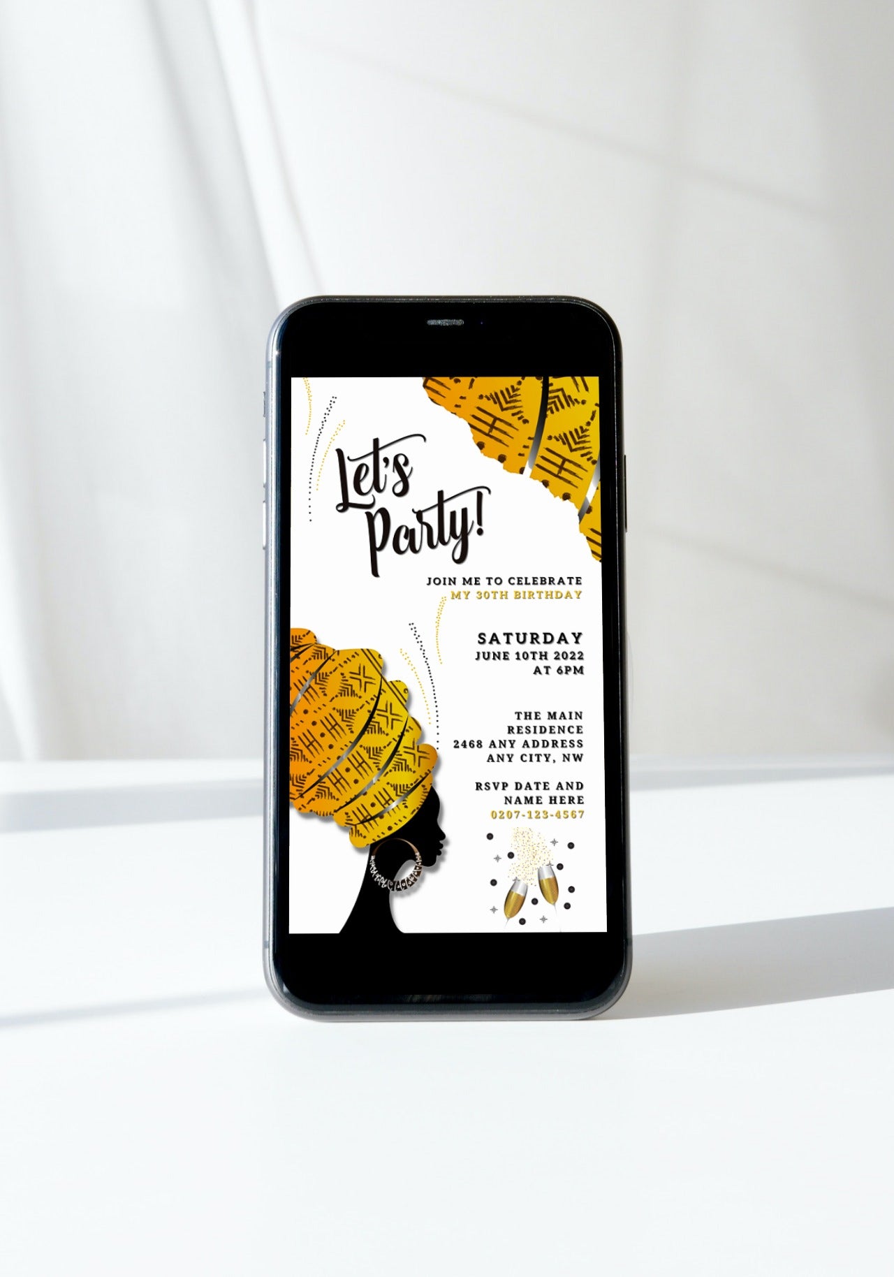 Cell phone displaying a customizable White Yellow Ankara African Woman Silhouette Editable Party Evite for digital invitations.