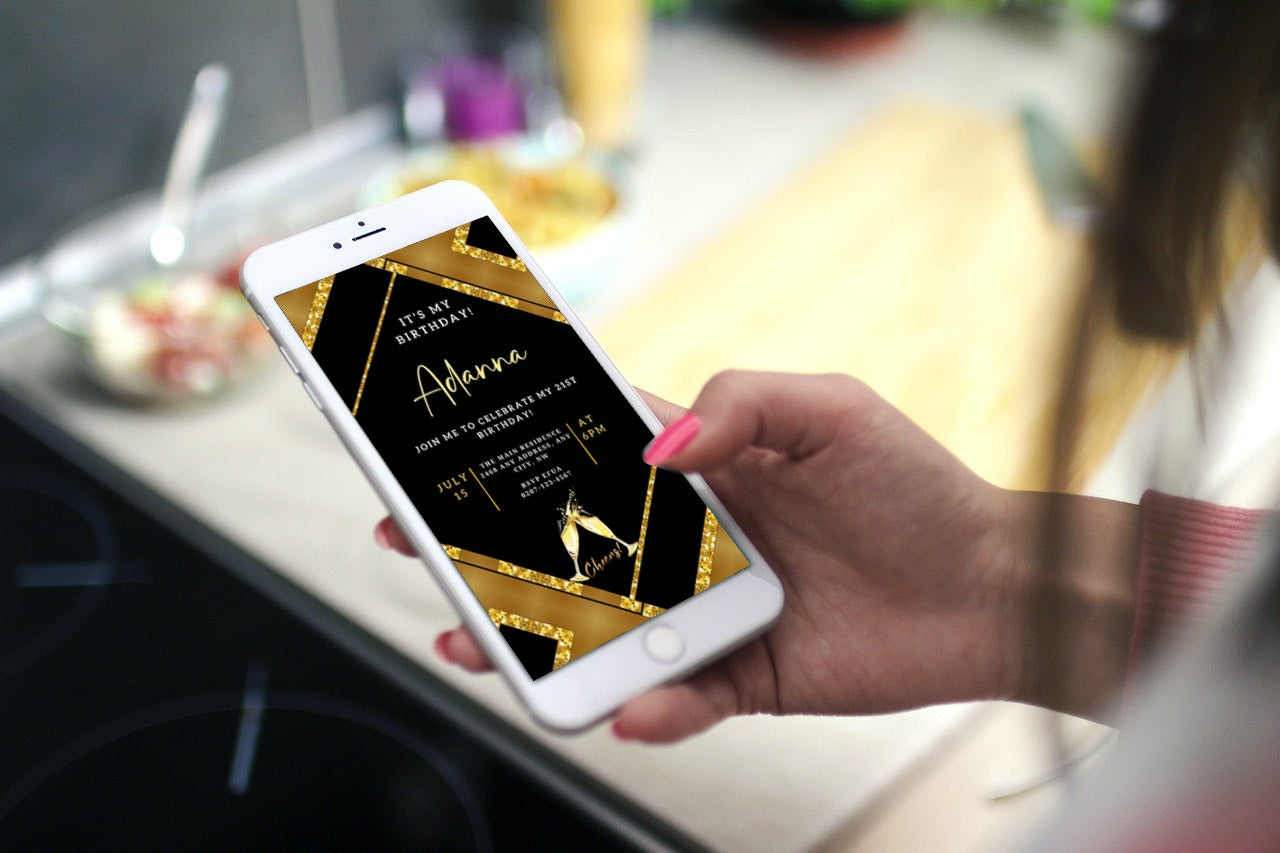 Hand holding a smartphone displaying a customizable Gold Black Glitter Champagne Editable Party Evite from URCordiallyInvited, designed for easy personalization and digital sharing.