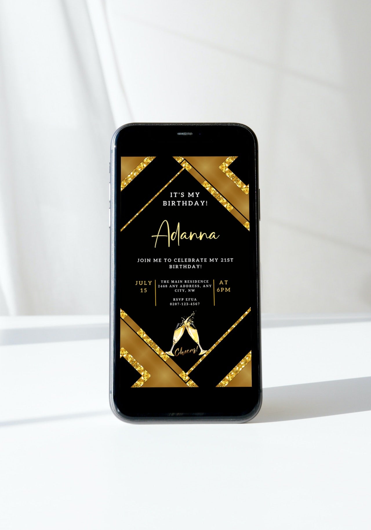 Gold Black Glitter Champagne Editable Party Evite displayed on a smartphone, featuring toasting champagne glasses and customizable event details.