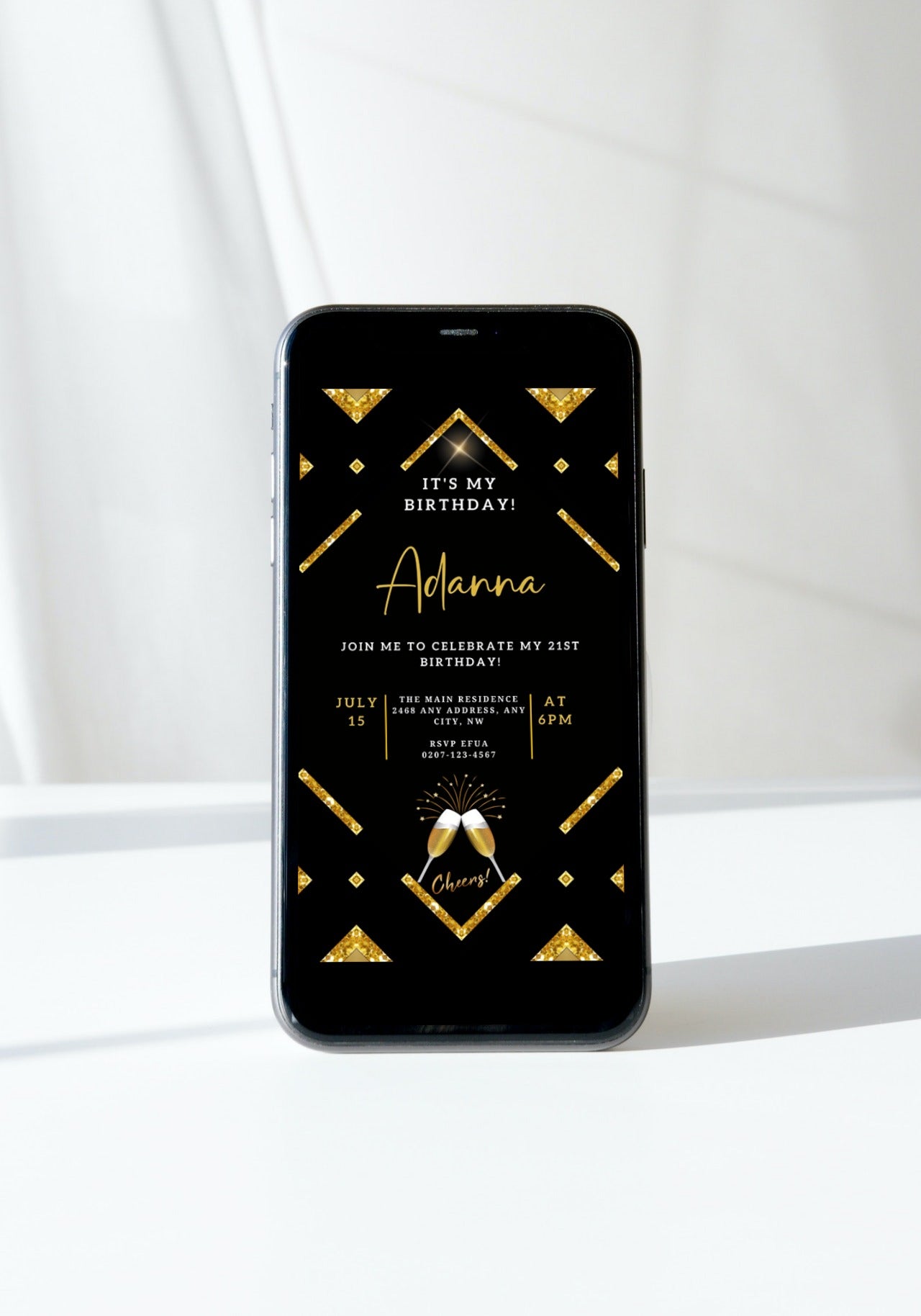 Gold Black Sparkle Editable Party Evite displayed on a smartphone, showcasing a customizable digital invitation template available for easy personalization and electronic sharing via Canva.