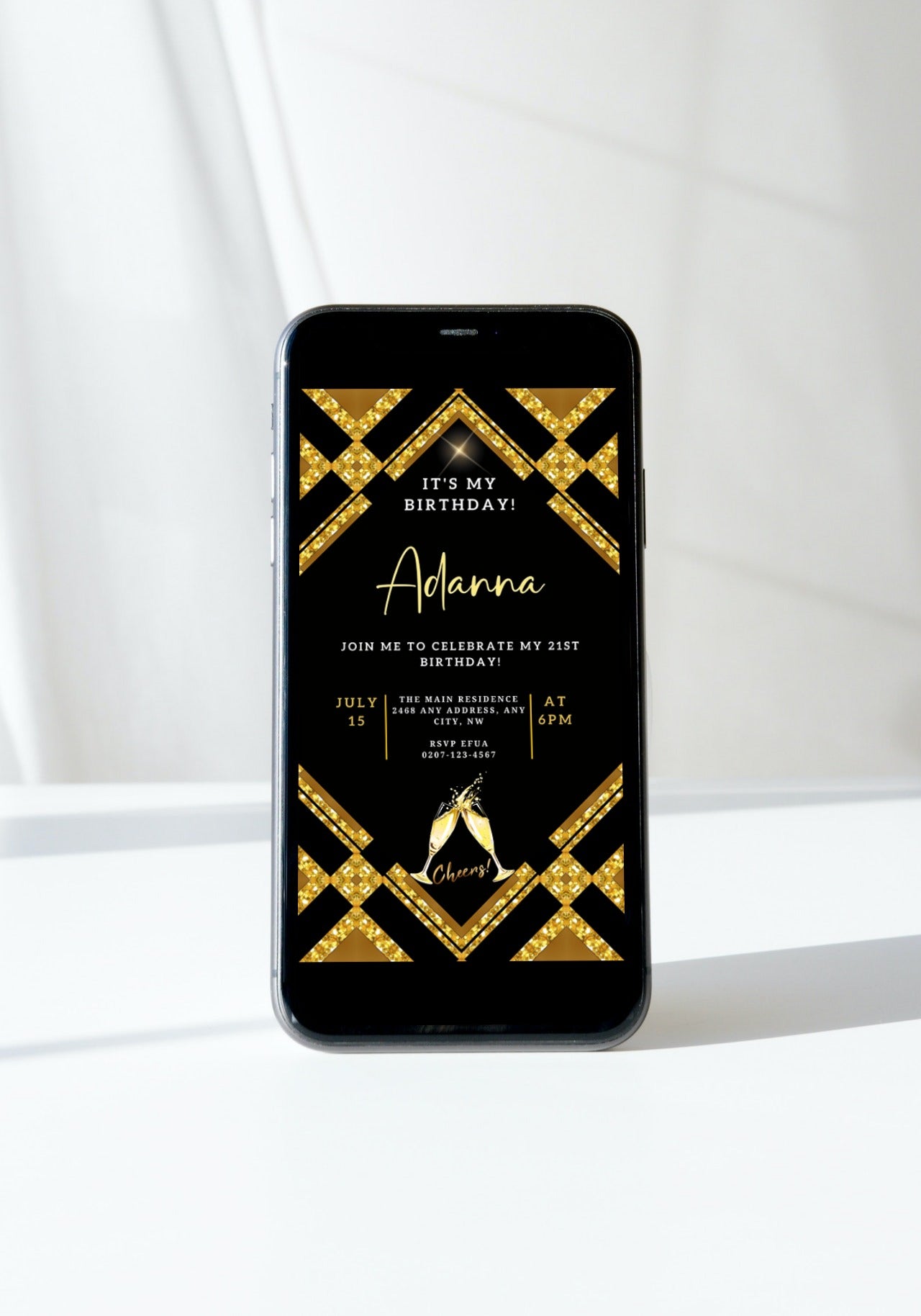 Gold Black Sparkle Customisable Birthday Evite displayed on a smartphone, with editable text and design elements, perfect for digital invitations via Canva.