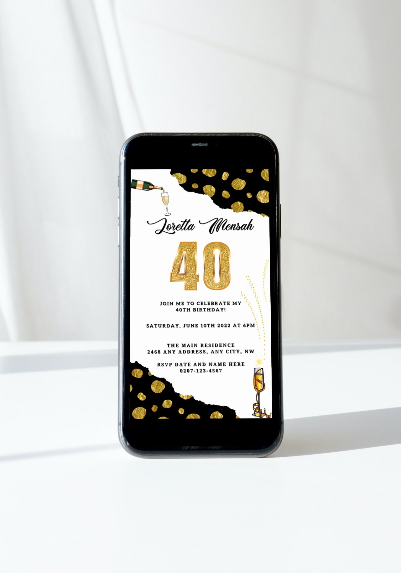 White Leopard Gold Black Customisable 40th Evite displayed on a smartphone, featuring editable text and design elements for personalizing invitations using Canva.