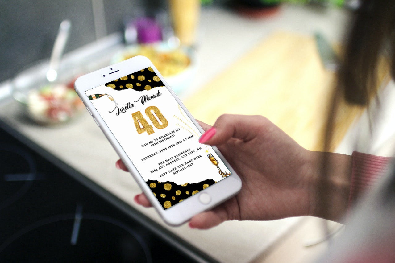 Hand holding a smartphone displaying a customizable digital invitation template titled White Leopard Gold Black | 40th Evite from URCordiallyInvited.