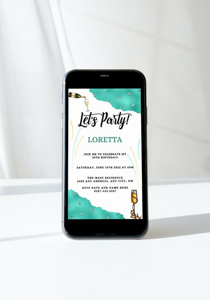 Smartphone displaying a customizable White Teal Diamond Sparkle party invitation template, ready for personalization and digital sharing via Canva.