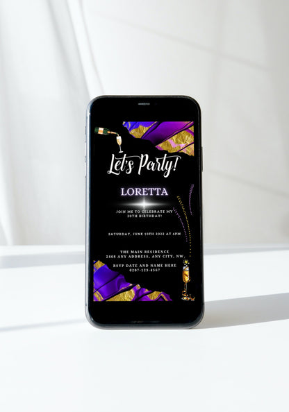 Smartphone displaying a Purple Gold Ankara Customisable Party Evite, editable via Canva, with options to personalize text, font, and images for electronic sharing.