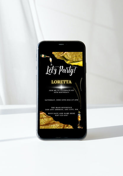 Gold Black Ankara customisable party evite displayed on a smartphone screen, showcasing editable invitation details for personalizing and sending via digital platforms.