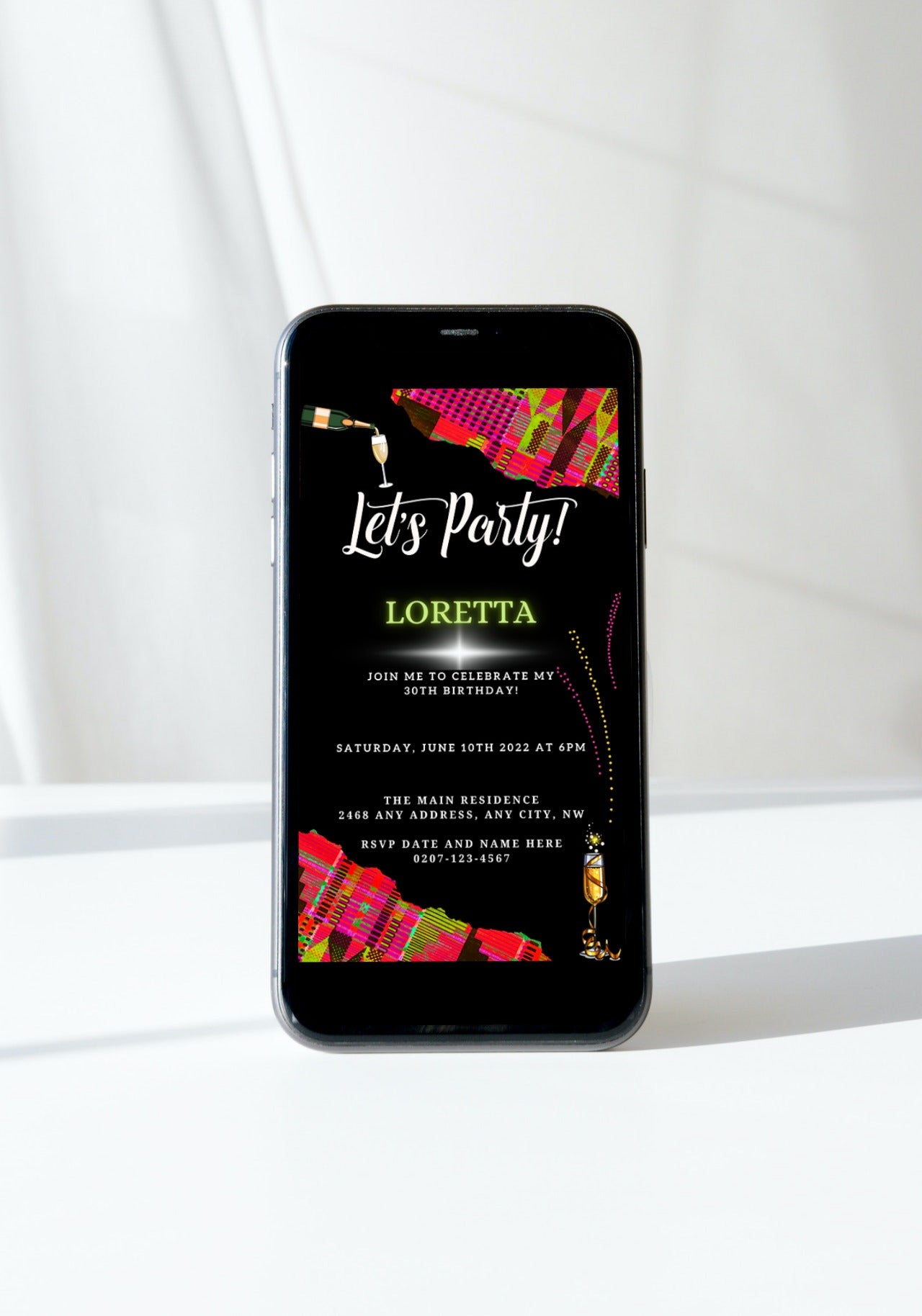 A smartphone displaying a Pink Green African Kente Customisable Party Evite, editable via Canva for easy event personalization and digital sharing.