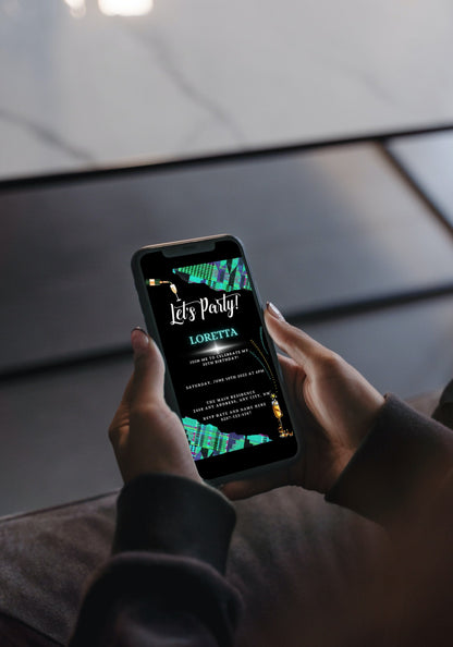 Person holding a smartphone displaying a Teal Black African Kente Customisable Party Evite, ready for personalisation and digital sharing via Canva.