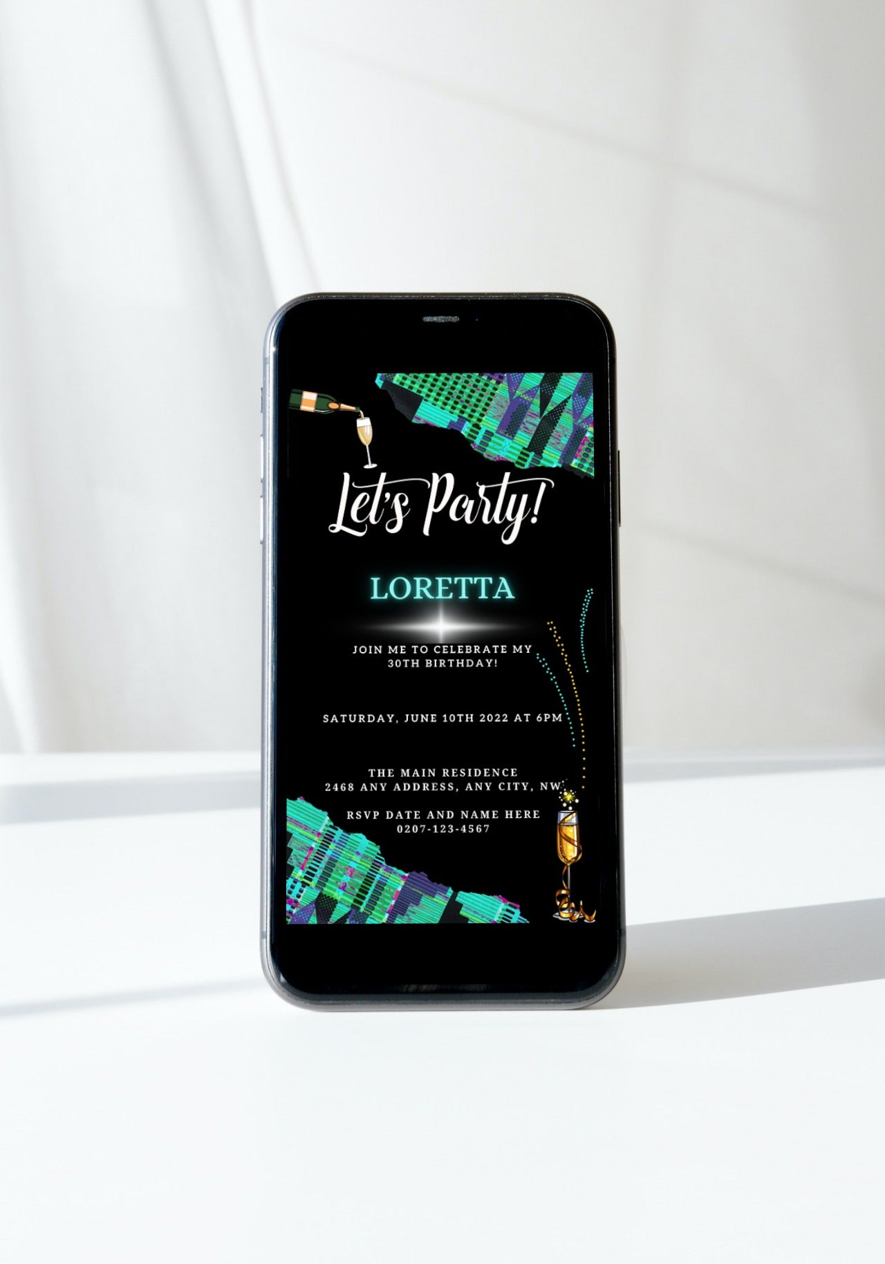 Smartphone displaying a Teal Black African Kente customisable party invitation template from URCordiallyInvited, editable with Canva for digital sharing.