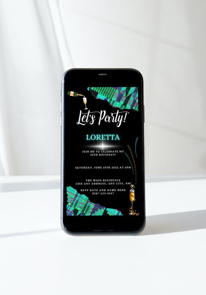 Smartphone displaying a Teal Black African Kente customisable party invitation template from URCordiallyInvited, editable with Canva for digital sharing.