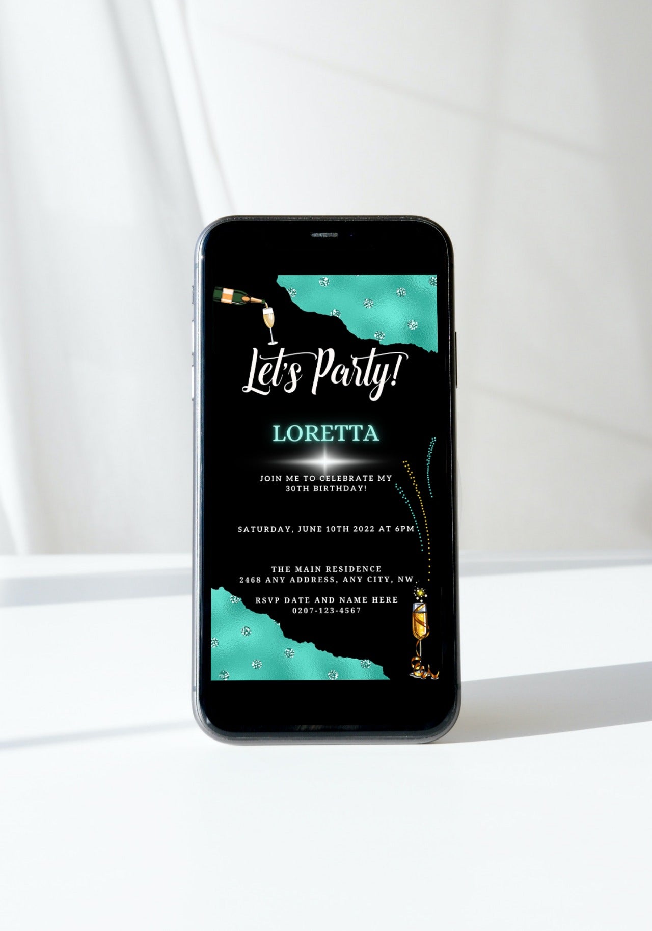 Black Teal Diamond Sparkle Customisable Party Evite displayed on a smartphone screen, showcasing a party invitation template ready for personalization via Canva.