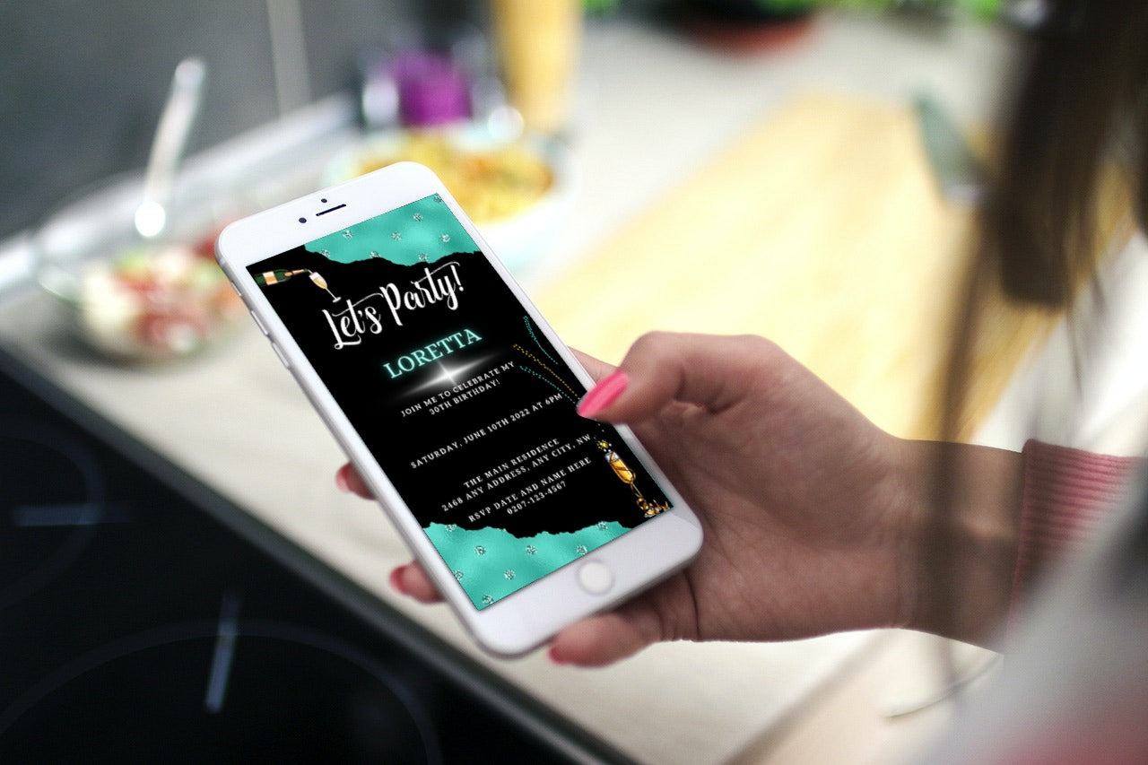 Hand holding a smartphone displaying a Black Teal Diamond Sparkle Customisable Party Evite template, ready for personalisation using Canva.