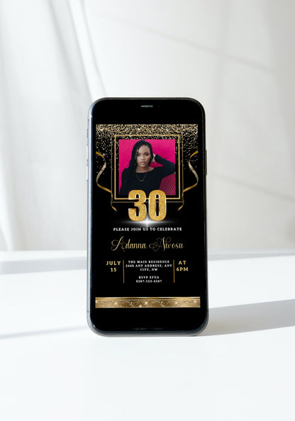 Black Gold Confetti 30th Birthday Evite displayed on a smartphone screen, showing a customizable invitation template with a woman's photo and editable text.