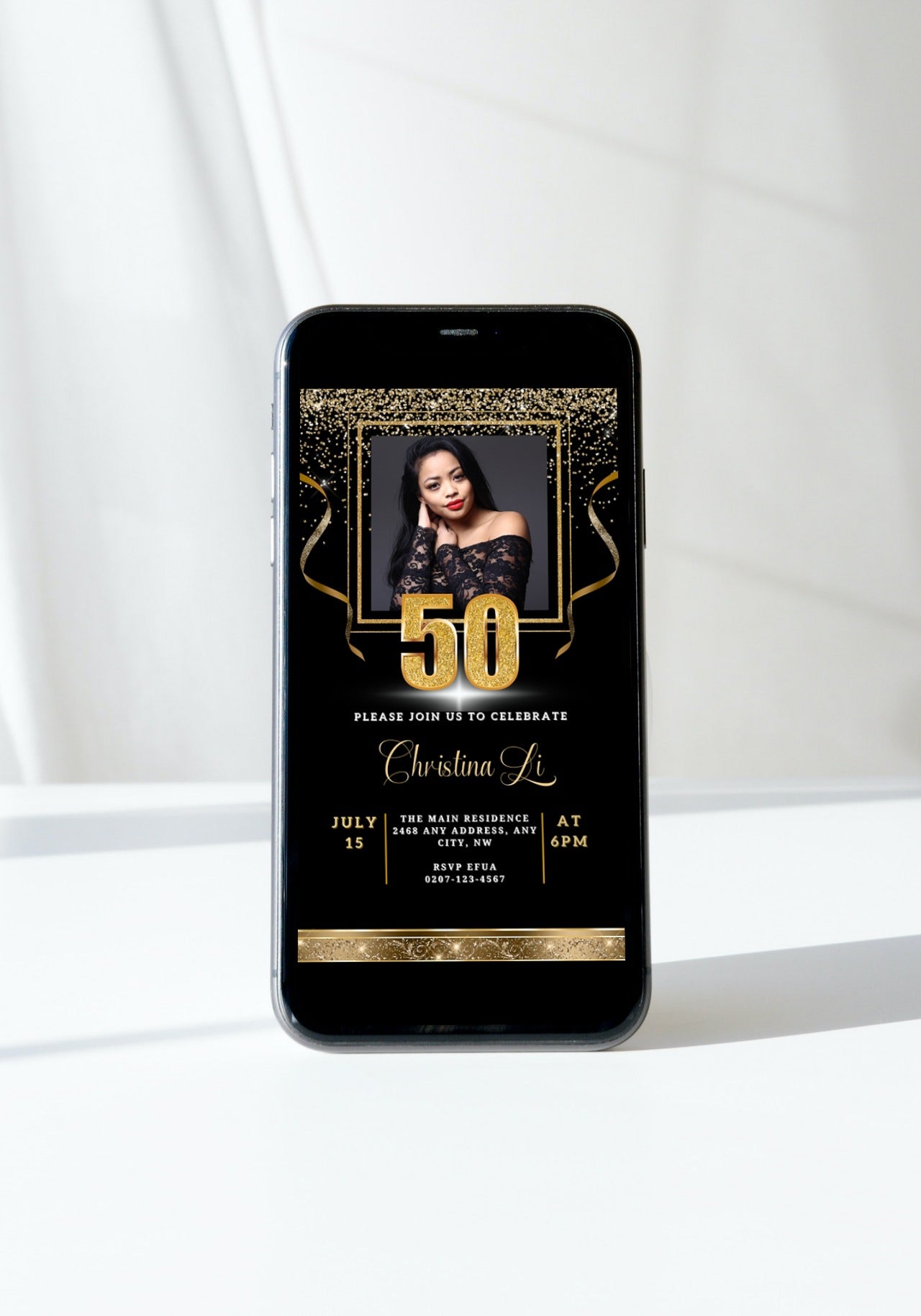 Black Gold Confetti W/Photo | 50th Birthday Evite displayed on a smartphone screen, featuring a woman with long black hair and red lipstick.