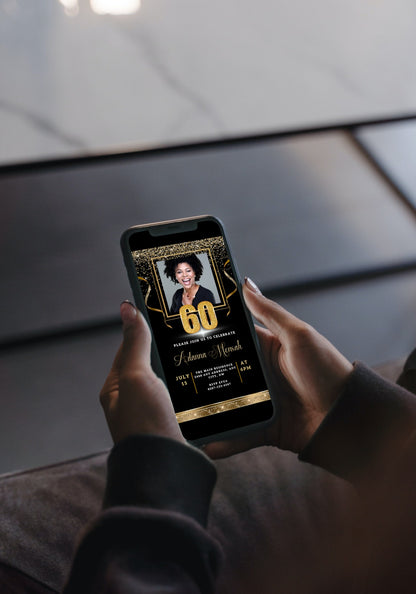 Person holding a smartphone displaying a customizable Black Gold Confetti 60th Birthday Evite with a woman's photo, part of URCordiallyInvited's digital invitation templates.