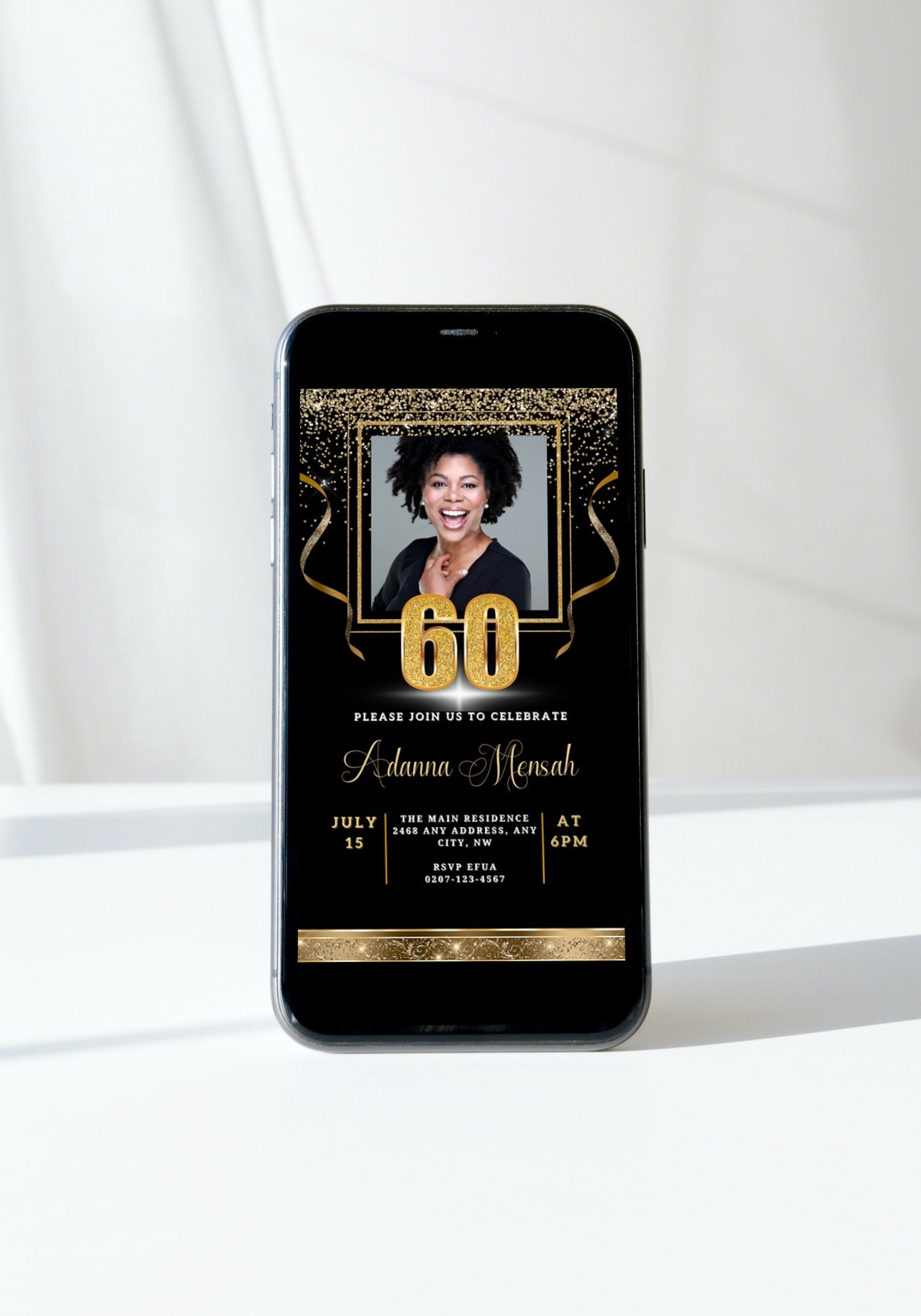 Customizable Black Gold Confetti 60th Birthday Evite displayed on a smartphone screen, featuring a smiling woman with a crown.