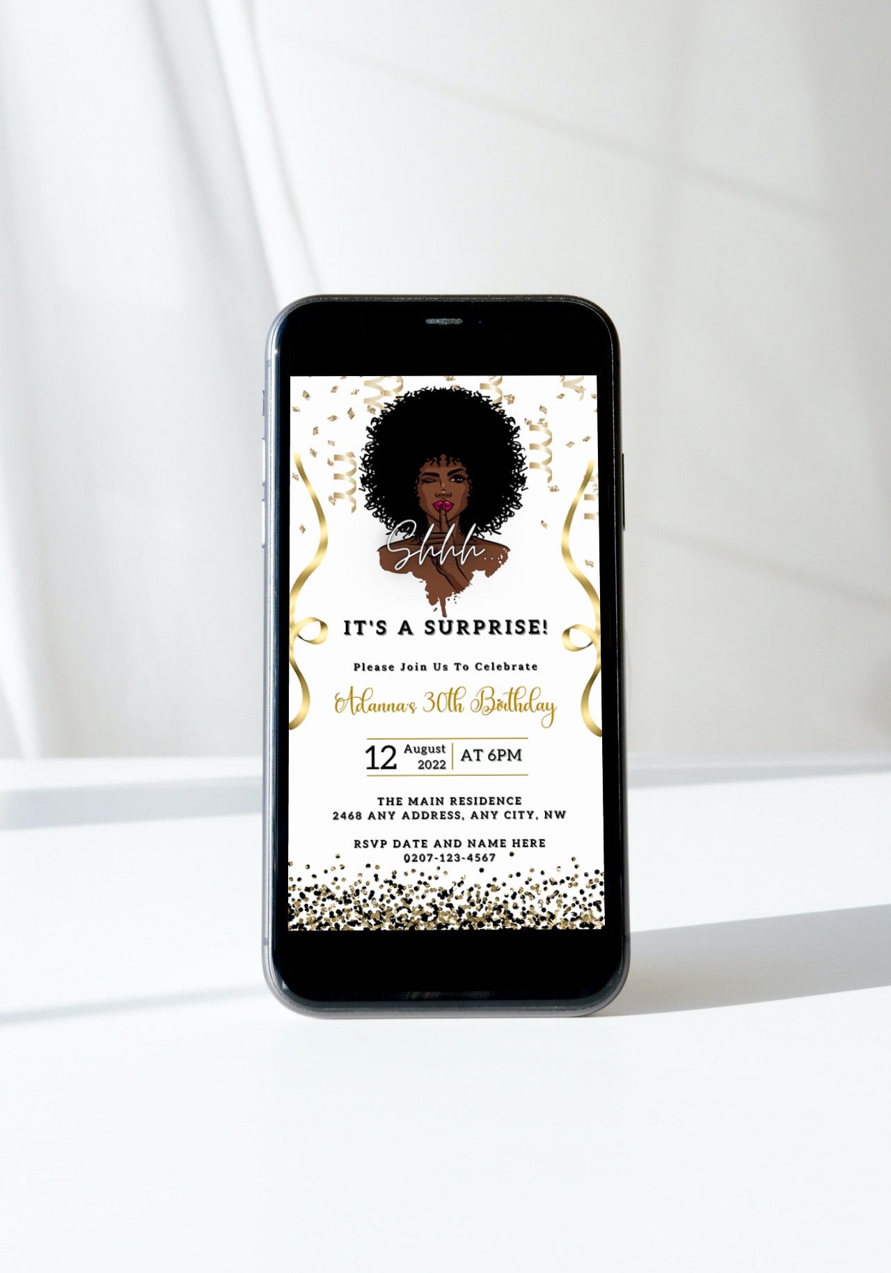 Afro Girl Magic Surprise | Editable Party Evite displayed on a smartphone, featuring a woman with curly hair and a birthday invitation template.