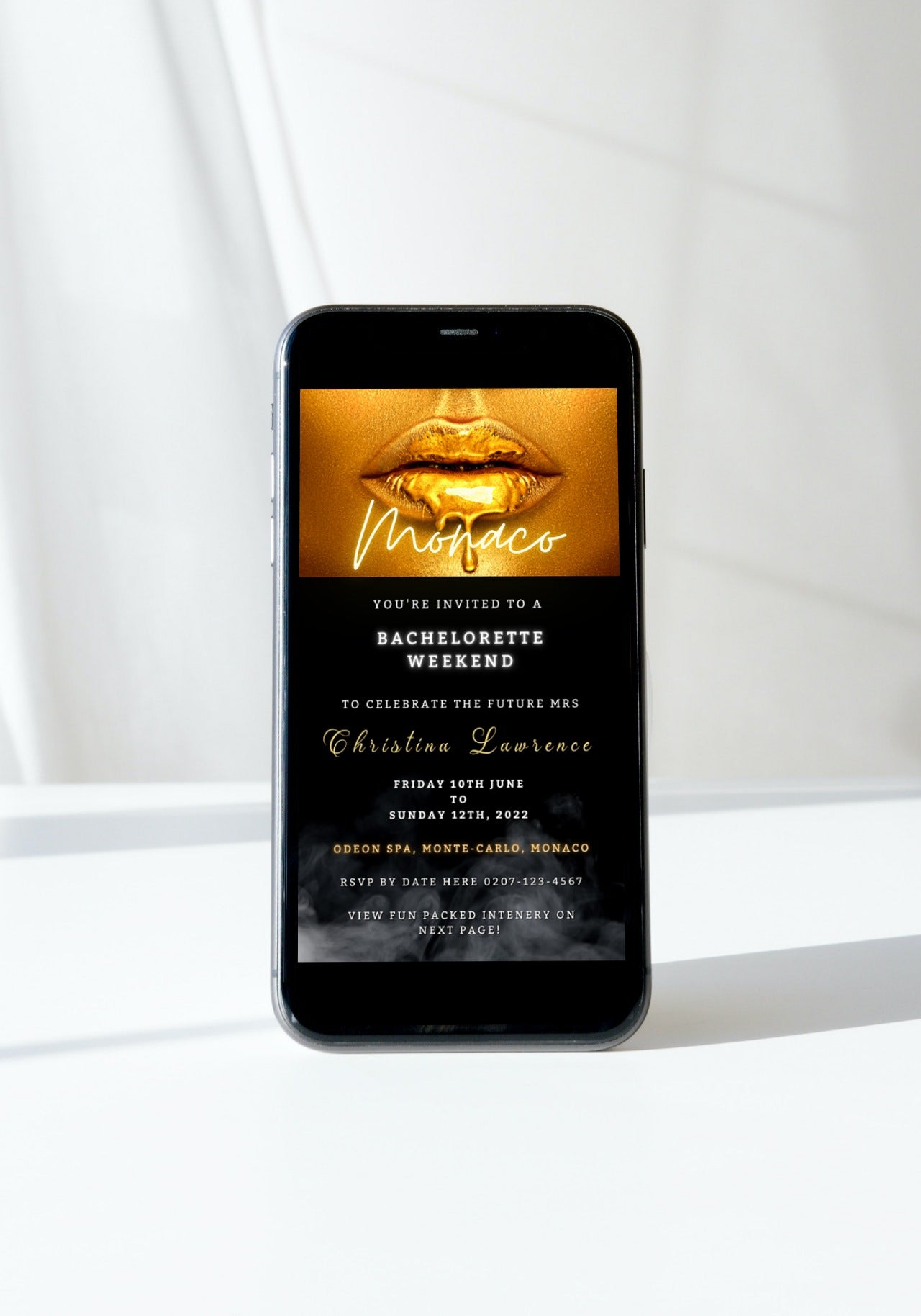 Customizable digital phone invitation featuring gold lips on screen for bachelorette parties. Editable via Canva for easy sharing on smartphones.