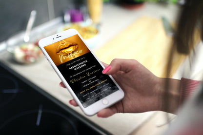 Hand holding a smartphone displaying a customizable digital invitation for a Smoking Gold Hot Lips Neon Bachelorette Weekend Party Evite.