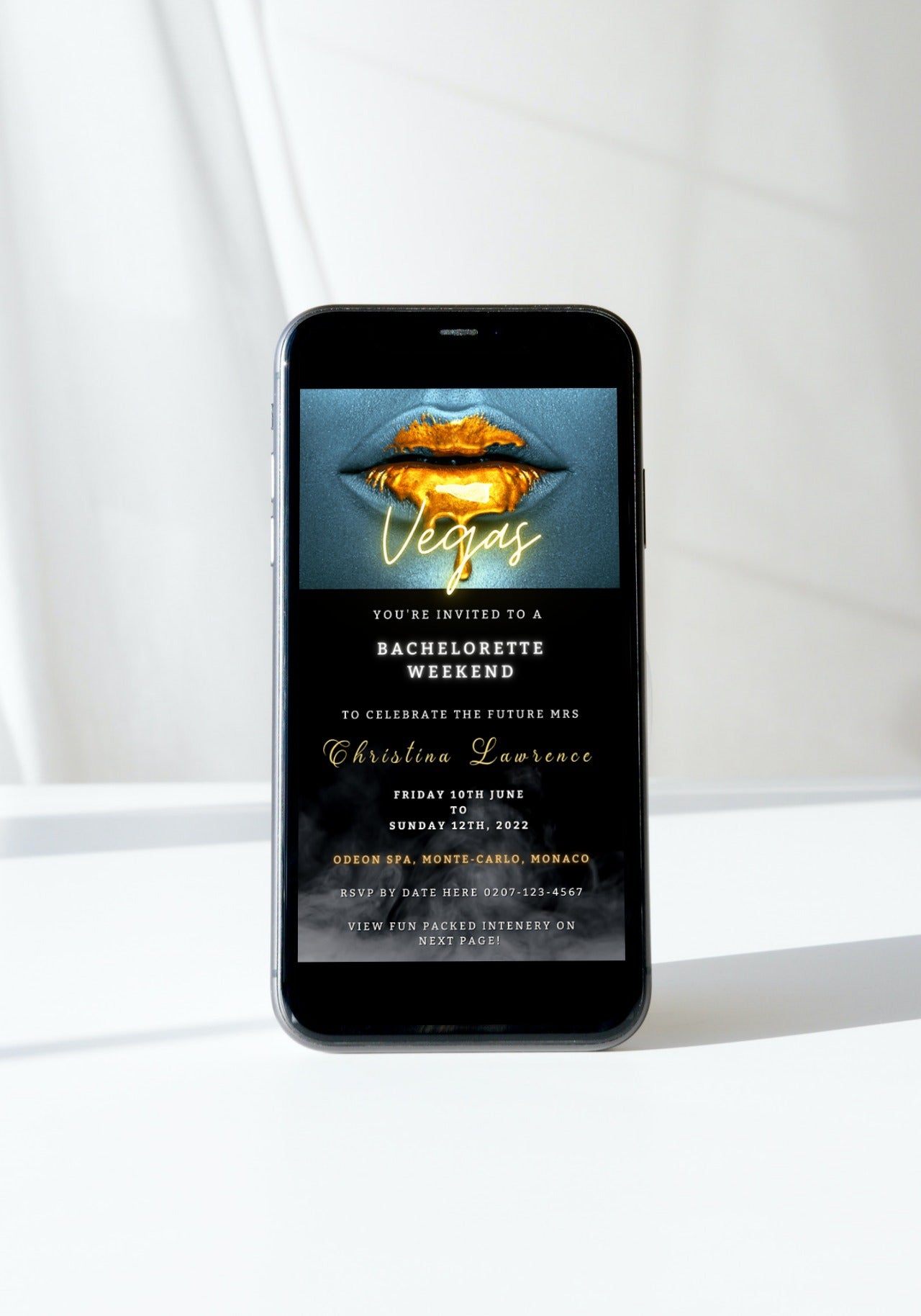 Smartphone displaying customizable digital invitation with gold lips design for a bachelorette event. Editable in Canva, shareable via text, email, and messenger apps.