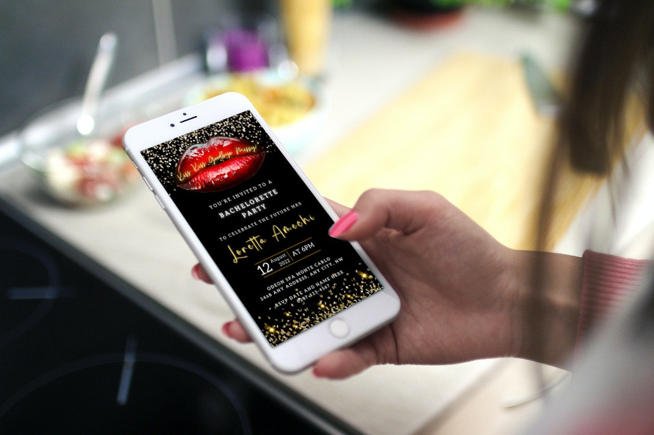 Hand holding a phone displaying the customizable Hot Red Lips Gold Glitter Bachelorette Party Evite invitation template.