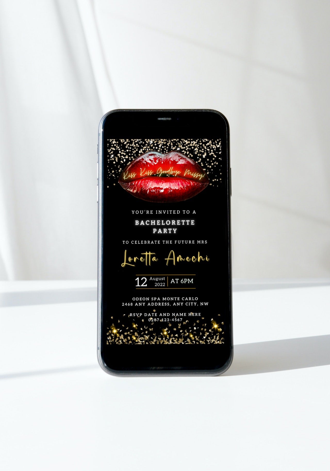 Cell phone displaying a customizable Hot Red Lips Gold Glitter Bachelorette Party digital invitation template with editable text for personalizing event details.