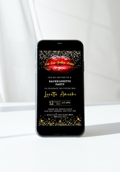 Cell phone displaying a customizable Hot Red Lips Gold Glitter Bachelorette Party digital invitation template with editable text for personalizing event details.