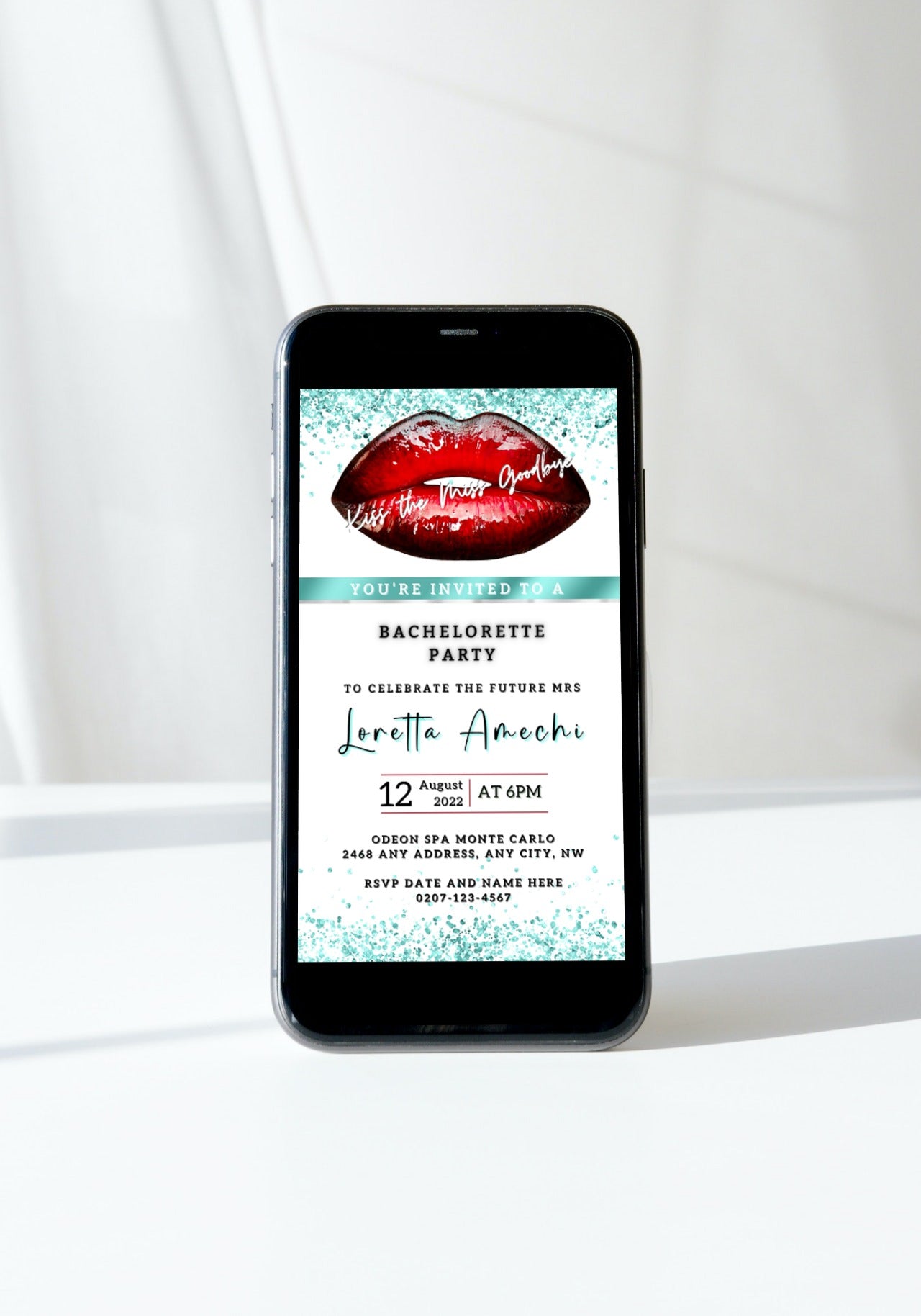 Cell phone displaying a customizable Red Hot Lips White Teal Glitter bachelorette party evite template from URCordiallyInvited.