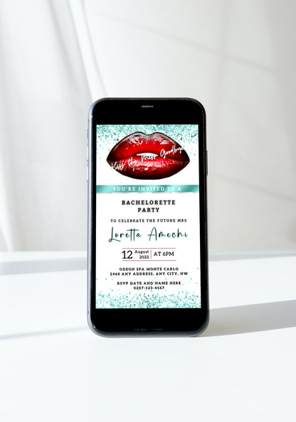 Cell phone displaying a customizable Red Hot Lips White Teal Glitter bachelorette party evite template from URCordiallyInvited.