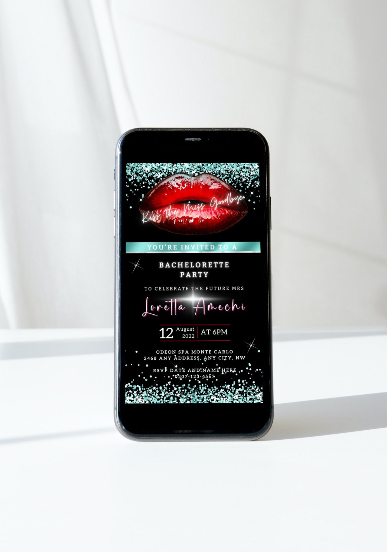 Smartphone displaying a digital invitation template with red lips graphic for a customizable bachelorette party evite.