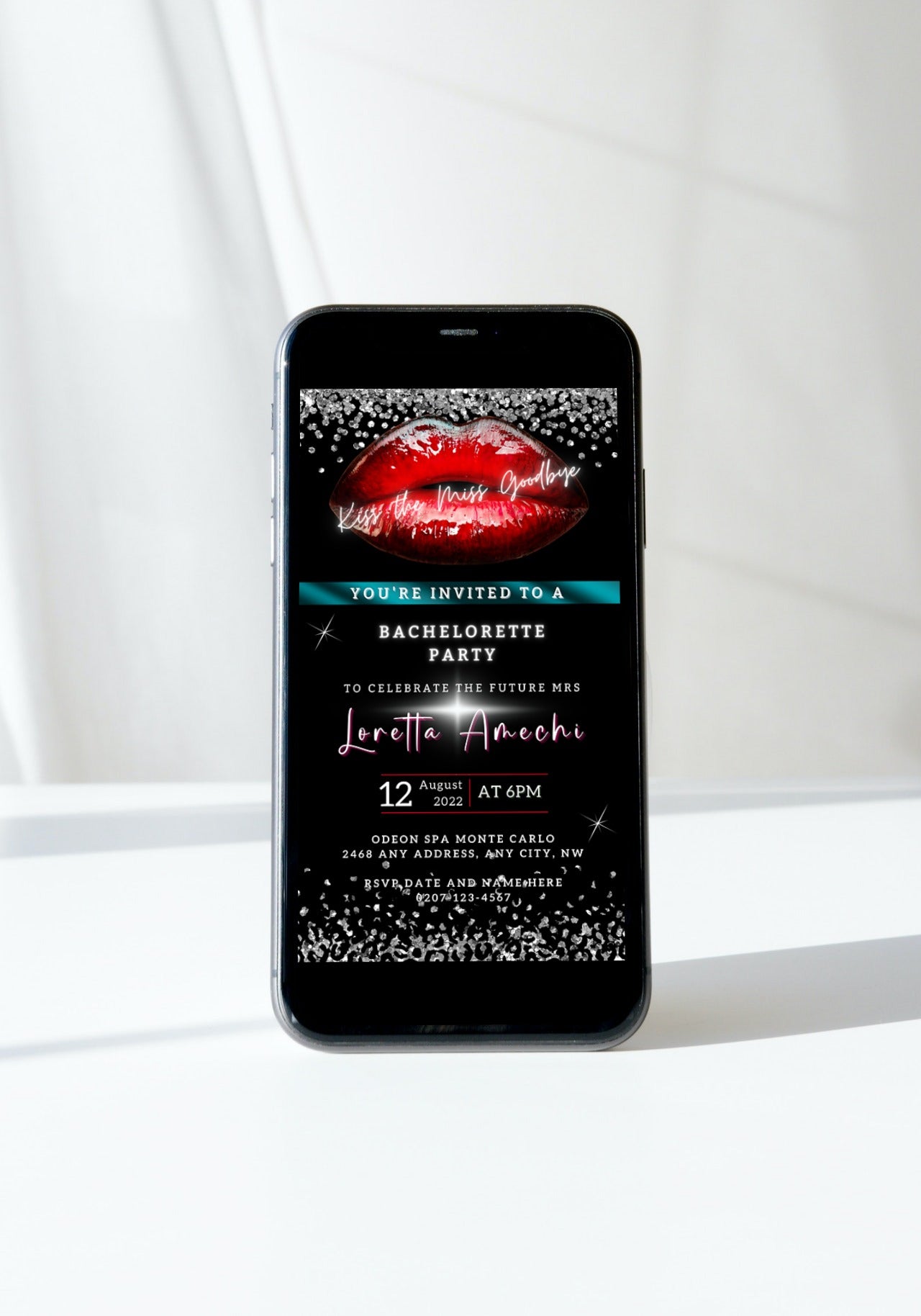 Red Hot Lips Teal Silver Glitter Bachelorette Party Evite displayed on a smartphone screen, showing customizable digital invitation template with lips and editable text.