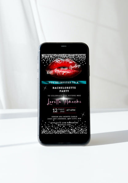 Red Hot Lips Teal Silver Glitter Bachelorette Party Evite displayed on a smartphone screen, showing customizable digital invitation template with lips and editable text.