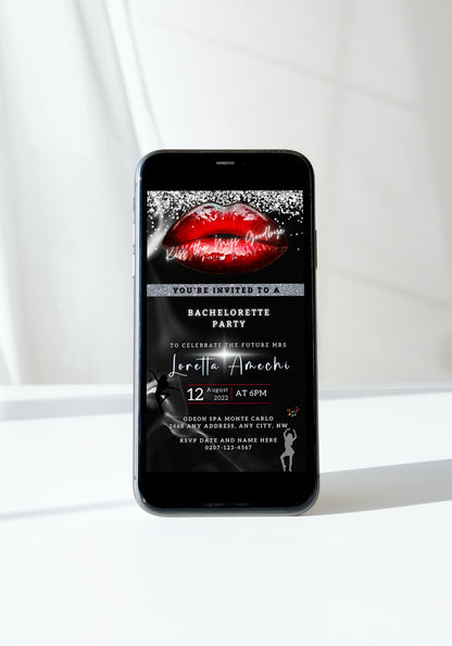 Customisable Red Hot Lips Black Silver Glitter Bachelorette Party Evite template displayed on a smartphone screen, featuring editable text and graphics for digital invitations.